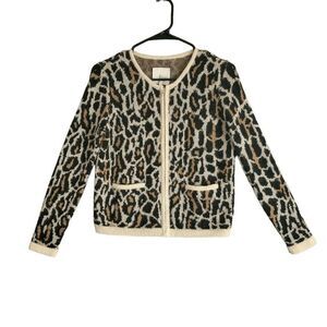 Joie Women's Leopard Print Wool Mohair Full Zip Sweater Animal Crew Extra Small